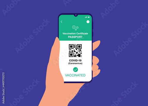 A User's Hand Holding Smartphone With Proof Of  COVID-19 Vaccination Certificate Passport. Digital Health Passport. Coronavirus Immunity Passport. Vector, Illustration, Flat Design, Character.