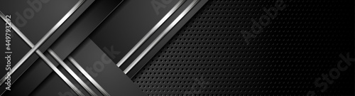 Silver metal stripes on dark perforated background vector banner design