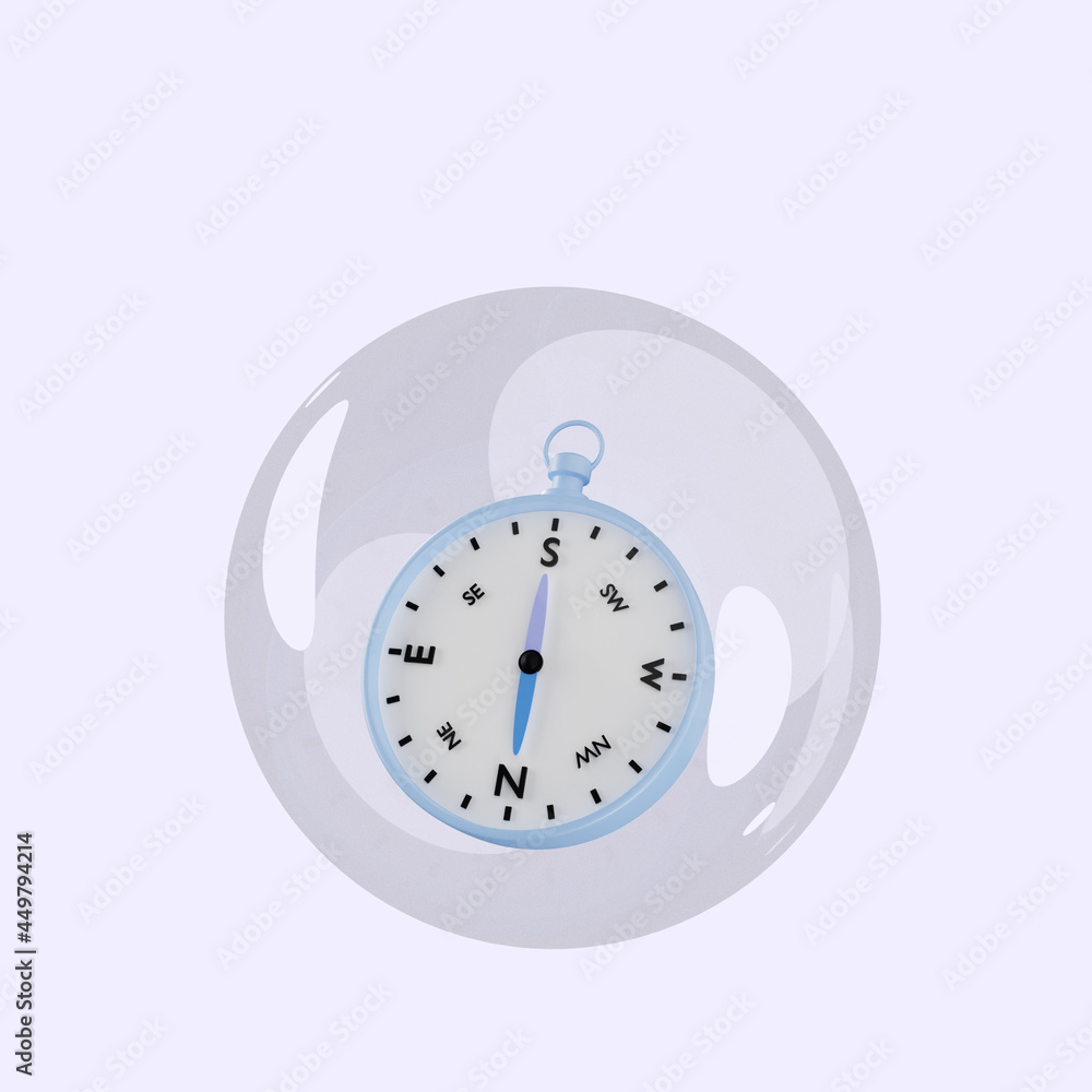 3d illustration of object compass inside bubbles 3d illustration of object compass inside bubbles