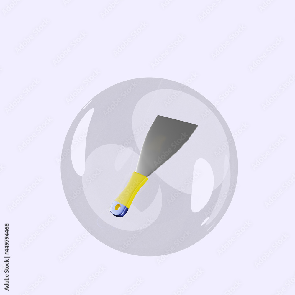 3d illustration of object putty knife inside bubbles 3d illustration of object putty knife inside bubbles