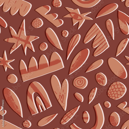 Abstract shapes retro seamless pattern in brown shades. Circles, spots, cloud, stars, hearts with various textures.