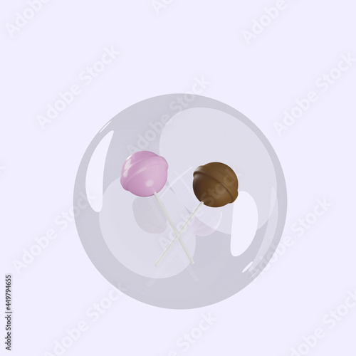 3d illustration of object chuppa chup candy inside bubbles photo