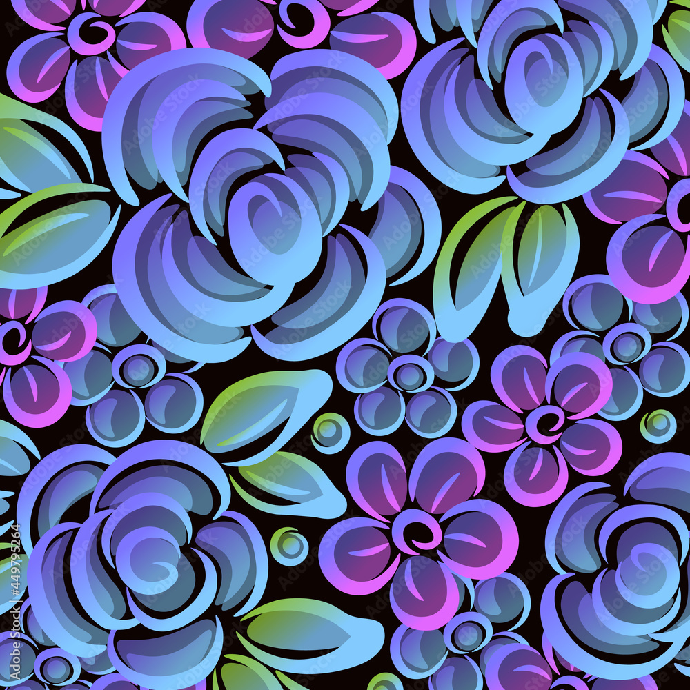 vector seamless spring pattern big roses small flowers on black background vector seamless spring pattern big roses small flowers on black background