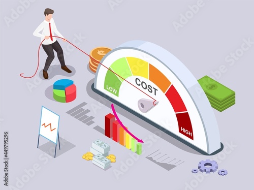 Businessman turning quality meter arrow back with rope, vector isometric illustration. Price management. Cost reduction. photo