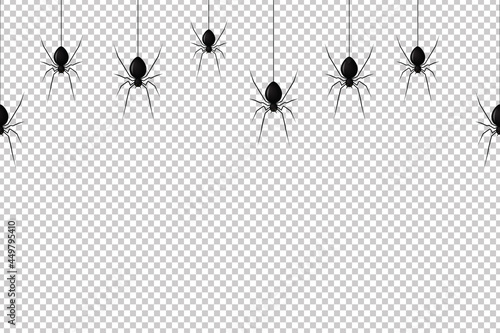 Vector realistic isolated seamless pattern with hanging spiders for decoration and covering on the transparent background. Creepy background for Halloween. illustrator