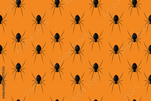 Vector realistic isolated seamless pattern with hanging spiders for decoration and covering on the Orange background. Creepy background for Halloween. illustrator