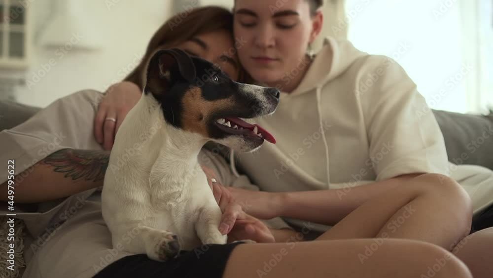 Front of lesbian couple with dog having good time together and sitting on couch in home room spbd. Front of lesbian couple with dog having good time together and sitting on couch in home room spbd.