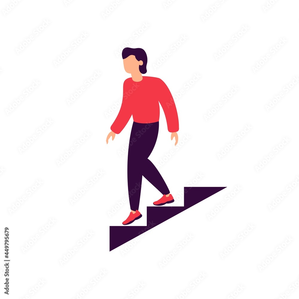 man going down stairs, steps down direction, isolated human figure on white background, flat vector illustration