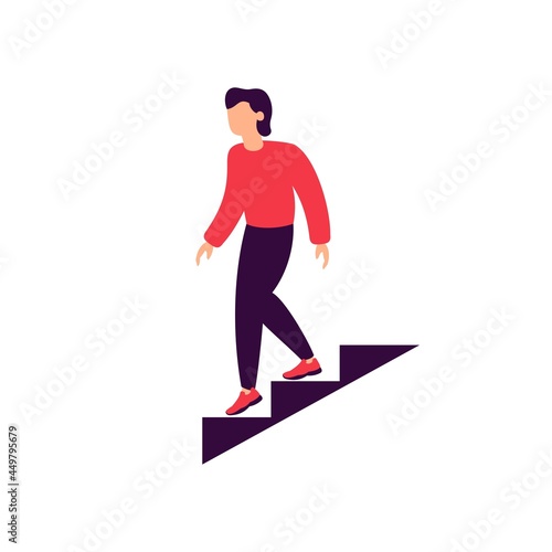 man going down stairs, steps down direction, isolated human figure on white background, flat vector illustration