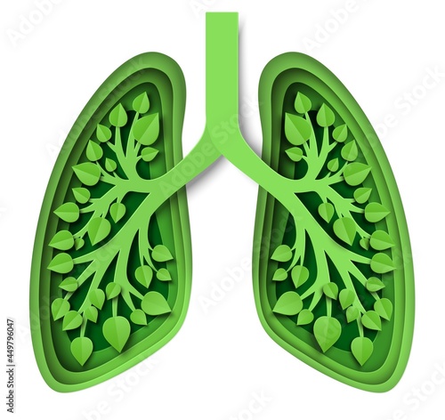 Nature lungs with leaves, vector illustration in paper art style. Green lungs of planet Earth. Save environment, ecology