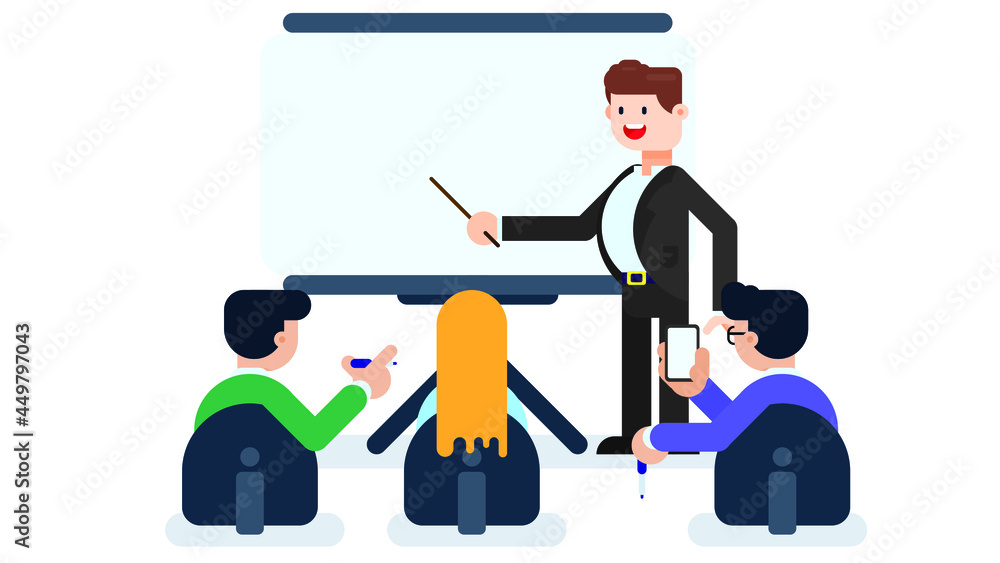 Young Businessman Giving Presentation to Colleagues in a meeting room. Man giving speech or presentation on a whiteboard. Business seminar and presentation concept. Young Businessman Giving Presentation to Colleagues in a meeting room. Man giving speech or presentation on a whiteboard. Business seminar and presentation concept.