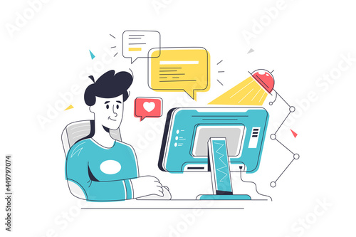 Male character sit at computer device