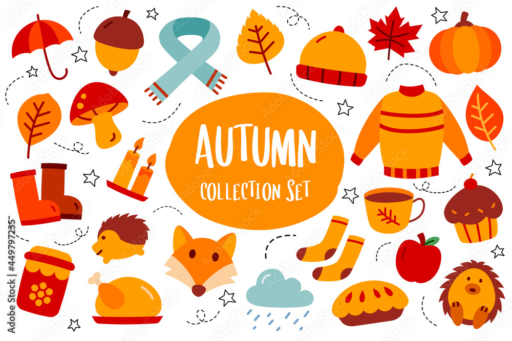 Autumn collection set flat color style. Autumn season icon.