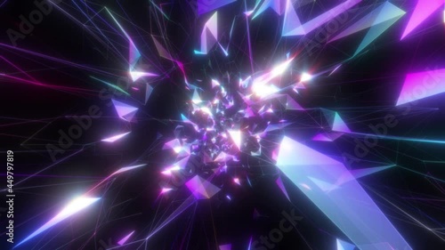 Many neon polygonal planes are mesmerizing with their radiance. Visualization of cryptocurrency. Seamless loop.