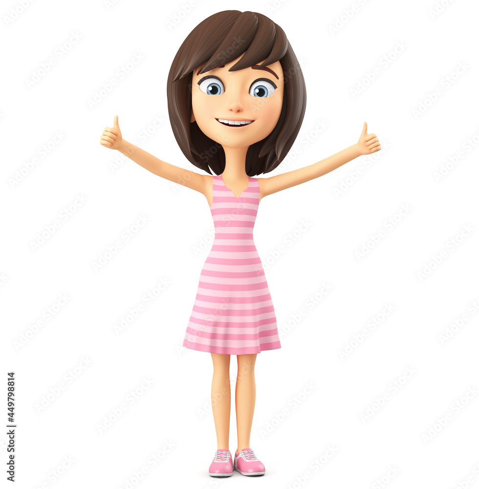 Cartoon character cheerful girl in a pink striped dress shows two thumbs up on a white background. 3d render illustration. Cartoon character cheerful girl in a pink striped dress shows two thumbs up on a white background. 3d render illustration.