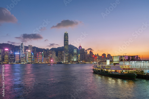 Victoria Harbor of Hong Kong city under sunset