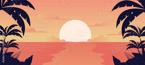 Sunset or sunrise in ocean, nature landscape background,  Evening or morning view Cartoon vector illustration.
beach illustration background