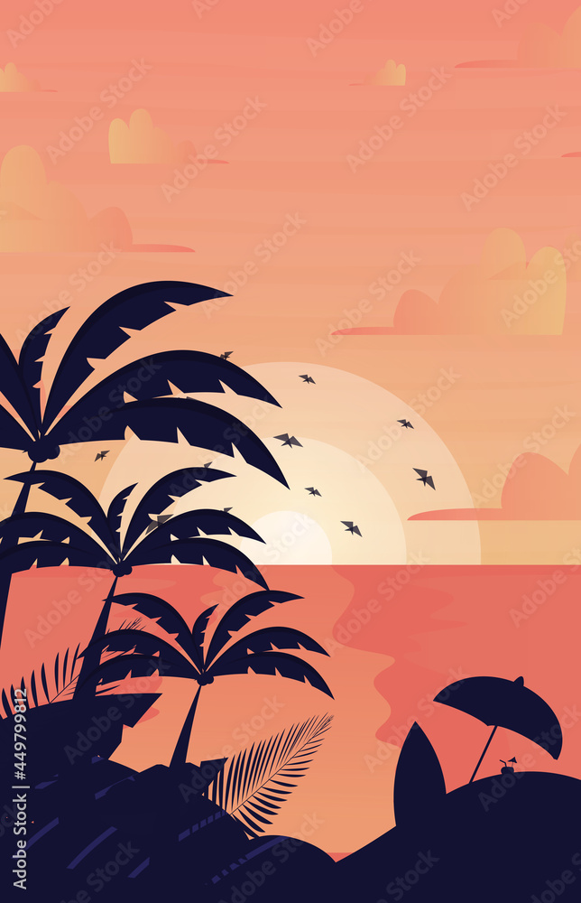 Sunset or sunrise in ocean, nature landscape background,  Evening or morning view Cartoon vector illustration.
beach illustration background