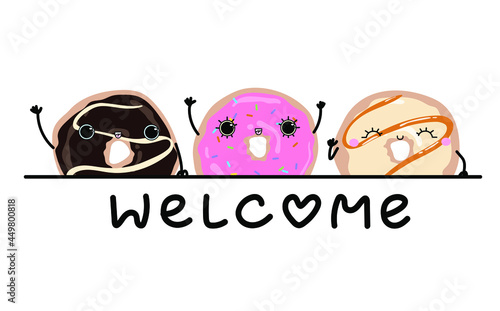 Cute glazed donut welcome hi text. Postcard, poster, background. Hand drawn vector illustration.