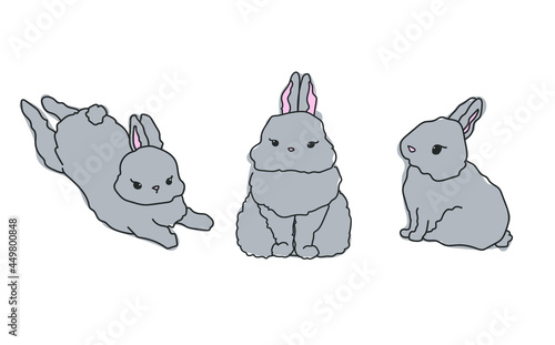 Cute grey baby rabbit isolated line set doodles. Hand drawn vector illustrations collection. Sketch bunnyes for a tattoo and stickers. photo