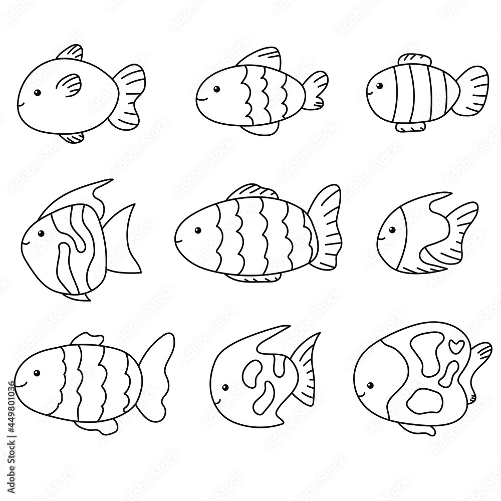 Cute baby fish line set doodles isolated. Hand drawn vector illustrations collection. Sketch sea for a tattoo and stickers.