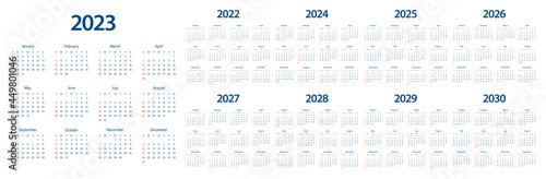 Calendar 2022 2023 2024 2025 2026 2027 2028 2029 2030 week start Sunday corporate design planner template.	
