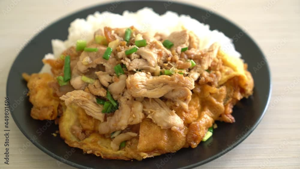 stir-fried pork with garlic and egg topped on rice - Asian food style stir-fried pork with garlic and egg topped on rice - Asian food style