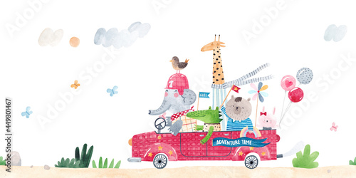 A cheerful company of animals rides in a red car. Watercolor illustration. Kids decor. Seamless pattern. Horizontal border.