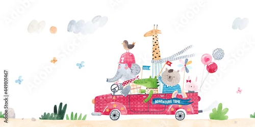 Obraz A cheerful company of animals rides in a red car. Watercolor illustration. Kids decor. Seamless pattern. Horizontal border.