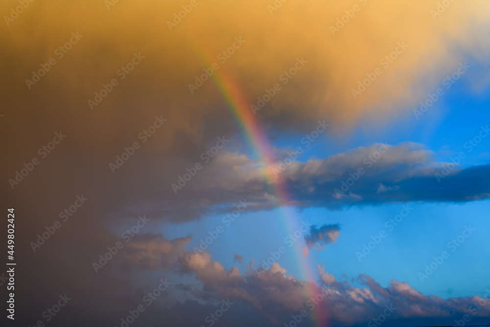 Panorama blue sky and white cloud with sun light and rainbow