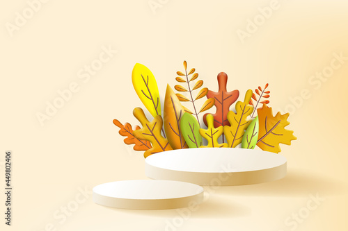Autumn leaves 3D yellow, red, brown, orange colors. Fall bouquet, pedestal, stage, for background product presentation. Minimal 3d render plasticine, vector illustration banner, poster