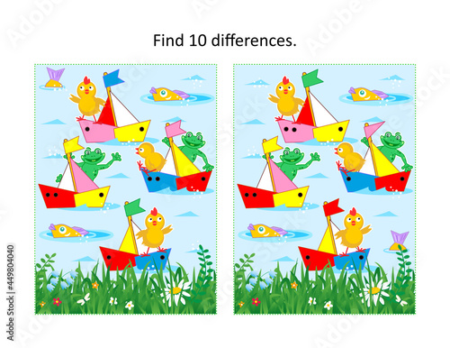 Pond regatta picture puzzle with chicks, frogs, toy sailboats, fish, grassy coastline. Find 10 differences.
