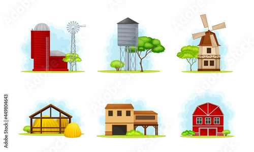 Red Barn, Mill for Flour Grounding and Granary for Crop Storage Vector Set