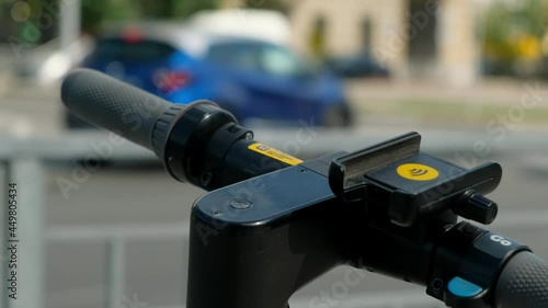 Scooter rental parking line. Eco vehicle 5g hotspot on e-board. Available electronic kick scooters urban passengers. Bicycle rent park with free wifi. Summer sharing for use a lot of people e-scooter.