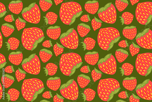 Seamless pattern with juicy strawberry berries on green background. Summer flat texture with hand drawn cartoon food. Natural wallpaper with fruits