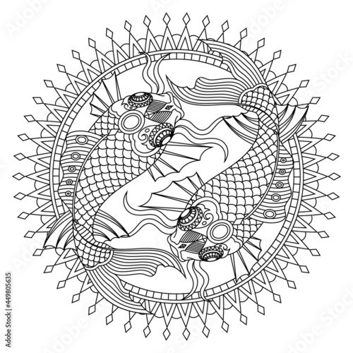 Koi Fish Mandala Zentangle Illustration in Lineal Style