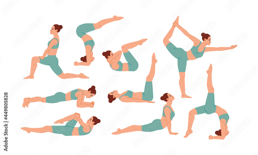 Fitness and yoga exercise flat icons set