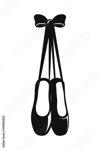 Hanging Pointe shoes clipart, ballet shoes with bow silhouette simple flat vector illustration. Ballerina, ballet dancer footwear equipment sign symbol.