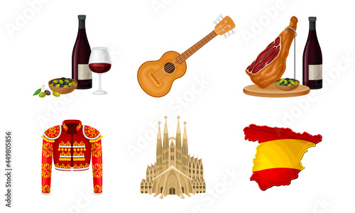 Spain Attributes with Toreador Jacket and Cathedral Vector Illustration Set