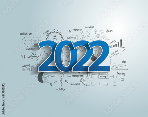 Happy new year 2022 business success ideas concept with creative thinking drawing charts and graphs strategy plan, Vector illustration modern template layout