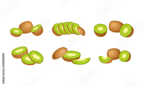 Kiwifruit or Kiwi as Edible Berry with Fibrous Brown Skin and Green Flesh with Tiny Black Seeds Vector Set