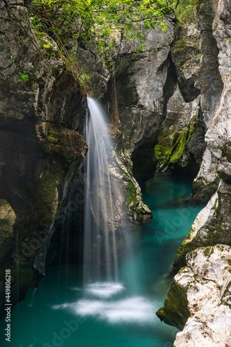 Waterfall in beautiful river soca near bovec in Slovenia