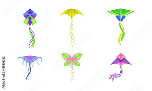 Colorful Kite as Tethered Craft with Wing Surfaces and Tail Vector Set