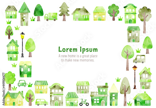 Eco town. watercolor vector hand drawn houses illustration