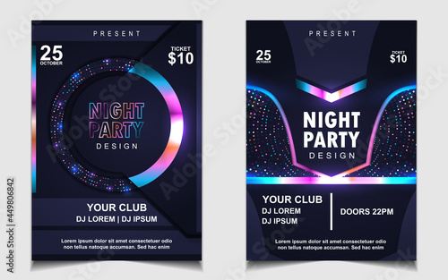 Night dance party music layout cover design template background with colorful dark blue glitters style. Light electro vector for music event concert disco  club invitation  festival poster  flyer
