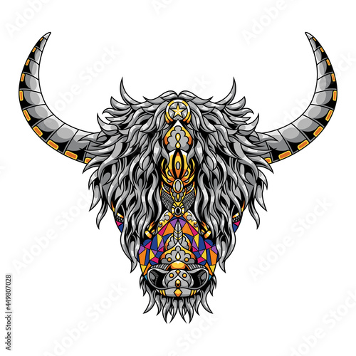 Highland Cow Mandala Zentangle Illustration and Tshirt design Premium vector
