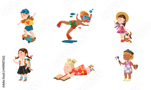 Funny Children Snorkeling, Skateboarding and Reading Book Vector Set