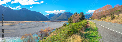 panoramic view of turquoise water of Waimakariri River passing through Arthur's Pass National Park, South Island of New Zealand. It enters the Pacific north of Christchurch, near the town of Kaiapoi.