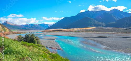 panoramic view of turquoise water of Waimakariri River passing through Arthur's Pass National Park, South Island of New Zealand. It enters the Pacific north of Christchurch, near the town of Kaiapoi.