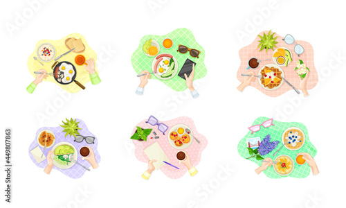 Hands Having Breakfast Above Table View with Meal on Plate Vector Set